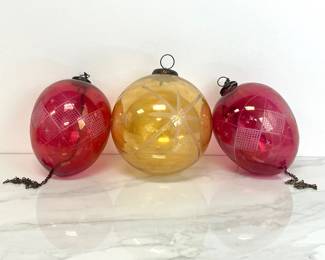 Lot 7421 Vintage Cranberry Gold Kugel Style Etched XL Christmas Ornaments