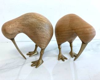 Lot 7586 Crate Barrel Natural Wood Carved Kiwi Birds