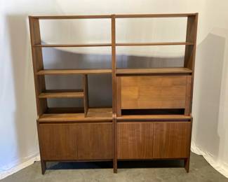 Lot 7455 2pc Mid Century Modern Wall Unit Room Divider Book Shelf Drop Front Bar
