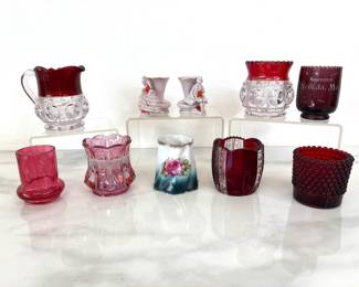 Lot 7291 Red and Pink Glass and Porcelain Victorian Toothpick Holders
