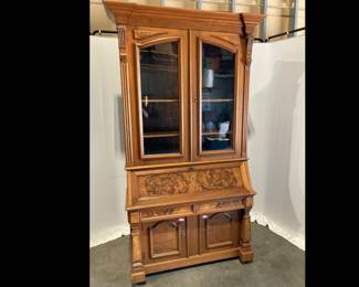 Lot 7474 Antique Drop Front Secretary Desk w Glass Front Hutch