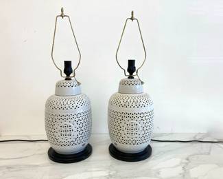 Lot 7556 Pair of Vintage Seyei Japan Reticulated Fina China Table Lamps