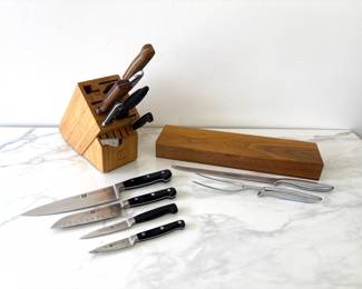 Lot 7546 Vintage Gerber Carving Set and Henckels Knife Block with Various Knives