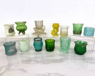 Lot 7290 Green Glass and Porcelain Victorian Toothpick Holders