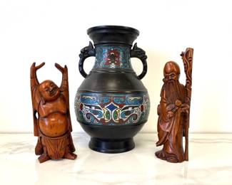 Lot 7437 Japanese Cloisonne Bronze Vase Asian Wooden Statues