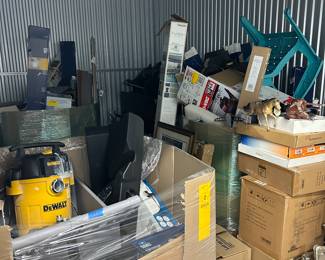 This auction is for the full contents of a 10x15 storage unit. The unit is packed with a mix of tools, household goods, furniture, décor, and boxed inventory, making it a great reseller or personal use lot.
Tools / Shop Equipment:
DeWalt wet/dry vacuum
Shop-Vac 10-gallon vacuum (new in box + assembled unit)
Industrial/metal equipment pieces & parts
 
Household & Furniture:
Pallets of assorted retail returns/overstock (multiple sealed boxes)
Stacked cardboard boxes labeled Lowe’s & BathRoyale (furniture parts/sets)
Teal plastic chairs (stacked)
Framed wall art / décor
Miscellaneous:
Breyer horses / toy models
Boxes of home improvement items & possible small appliances
Sealed cartons with unknown inventory
