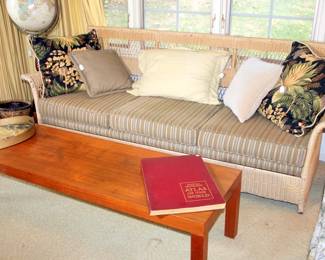 Wicker Sofa & Lond MCM Oak Coffee Table