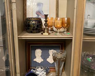 ASSORTED DECOR - COLONIAL BUST ART, BULLICANTE HAND BLOWN GLASS PAPERWEIGHT, AMBER CORDIALS