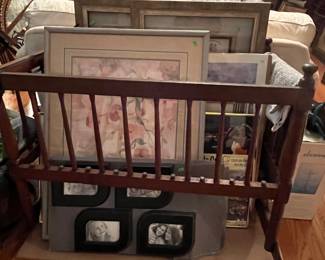 ANTIQUE ROPE CRADLE ROCKER WITH ASSORTED ARTWORK