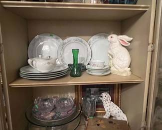 ASSORTED GLASS DECOR - SILVERPLATE TEA SET, FLORENTEEN FINE CHINA ANASTASIA, LEFTON BUNNY