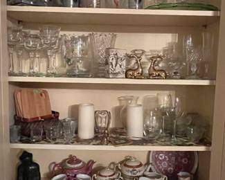 ASSORTED GLASS AND CHINA - BUDDHA, DERBY GLASSES, JAPANESE CHINA TEA SETS, URANIUM GLASS PLATTER