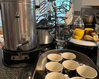 PIER ONE MUGS AND VINTAGE BEVERAGE WARMER