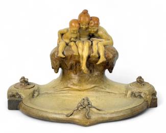 E. Decoeur "Children & Frogs" Ceramic Inkwell