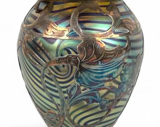 Iridescent Glass Vase With Silver Overlay