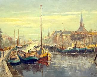 'European Harbor Scene' Oil On Canvas