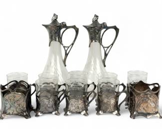 (12pc) WMF Art Nouveau Silverplate Crystal Jug, Cups & Wine Coasters