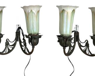Pair Of Art Deco Wall Sconces With Quezal Shades