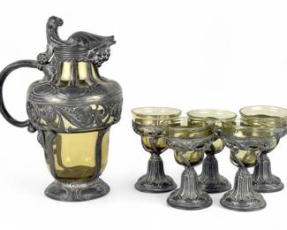 (6pc) Orivit – Jugenstil Pewter Claret Jug & Glasses