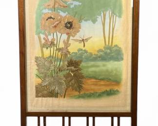 Art Nouveau Floral Embroidered Silk Fire Screen