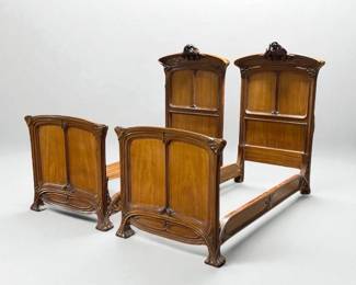 Pair of French Art Nouveau Carved Wood Twin Bed Frames