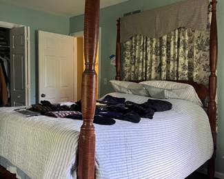 Antique tiger maple four poster bed with custom Williamsburg fabric (drapery available also)