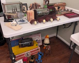 Asian bookends, miniature ships models, misc