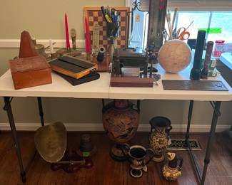 Metronome, vases, antique glass barometer, mini cannon, bullet nameplate, misc