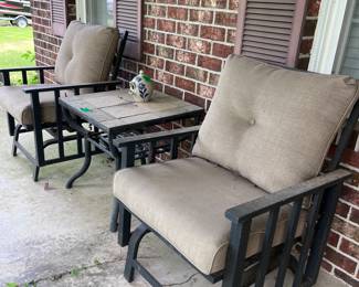 Heavy metal outdoor rockers and tile top table (sold as set)