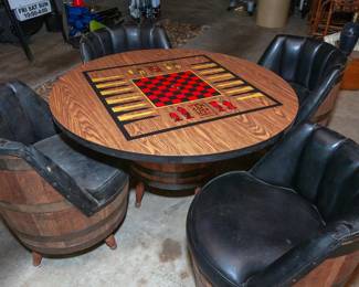 Oak barrel game table and chairs