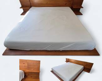 CB2 Andes Acacia Platform King Bed with Nightstands Built in