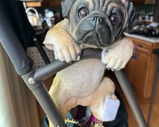 This is a Pug dog statue designed to hang over a fence or railing.