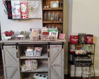 Farmhouse hanger, hand inked towels, old tins, miscellaneous.