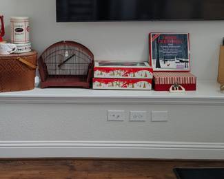 Picnic items, birdcage, Christmas lights, records and record player, vintage books.