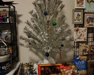 Vintage 4 ft aluminum tree, other vintage Christmas miscellaneous