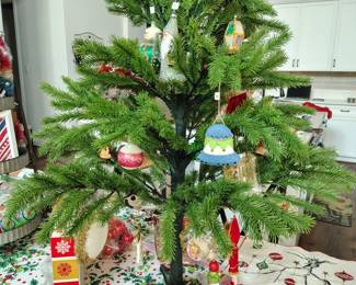 Vintage tree with ornaments and other items. Ornaments are for sale individually.