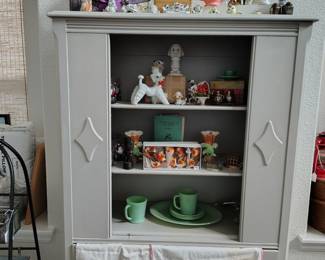 Vintage china cabinet, Jadiete, milk glass, other miscellaneous.