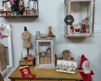 French desk with chair, large Santa, stocking, other vintage miscellaneous.