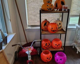 Vintage pumpkin blow molds, vintage child's tricycle.