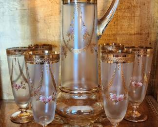 Gold Trimmed Hand Painted Glassware and Pitcher (One of a kind)
