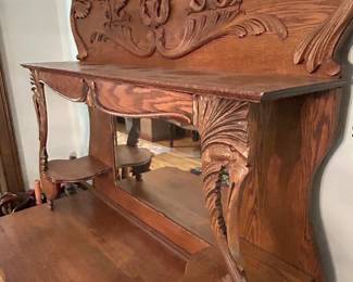 Stunning Antique Carved Oak Sideboard w/ Mirror Backsplash