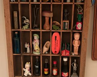 Vintage Hanging Printers Letterpress Tray w/ Assorted Collectibles