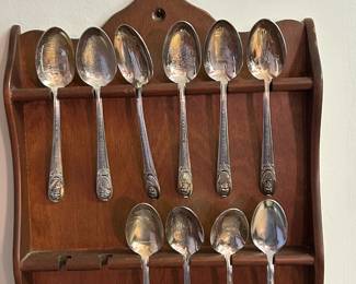 Collectible Silverplate Spoons and Hanging Wood Display