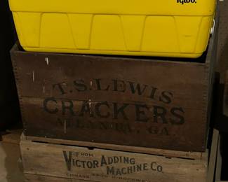 Vintage Wooden Crates - Victor Adding Machine and T.S. Lewis Crackers. Vintage Yellow Igloo Cooler