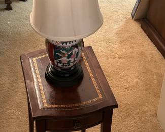 Antique Side Table and Porcelain Table Lamp