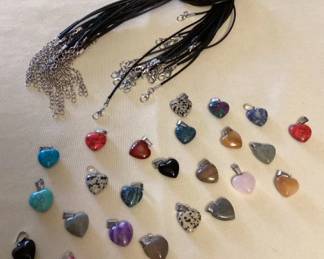 CMS094 Twenty-Five Heart Shaped Polished Stone Pendants With Black Cord Necklaces New