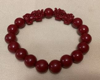 CMS061 Beaded Cinnabar Bracelet With Two Carved Foo Dogs New