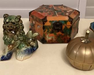 CMS113 Ceramic Foo Dogs, Cloisonné Bowl, Brass Pumpkin & Lacquered Jewelry Box 