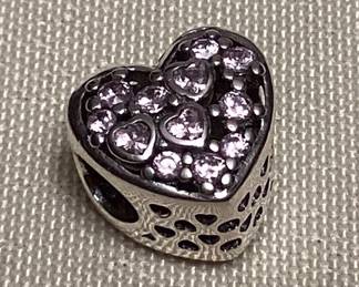 CMS069 Sterling Silver Heart Charm With Pink Gem Like Stones New