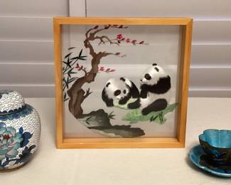 CMS035 Chinese Embroidered Panda Picture, Cloisonné Ginger Jar & Enameled Metal Teacup & Saucer
