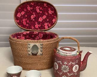 CMS030 Vintage Chinese Porcelain Tea Set In Basket